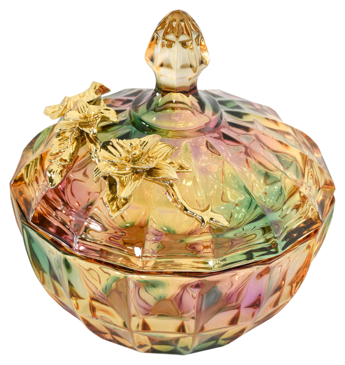 Multi Color Cut Glass Cannister With Gold Accent
