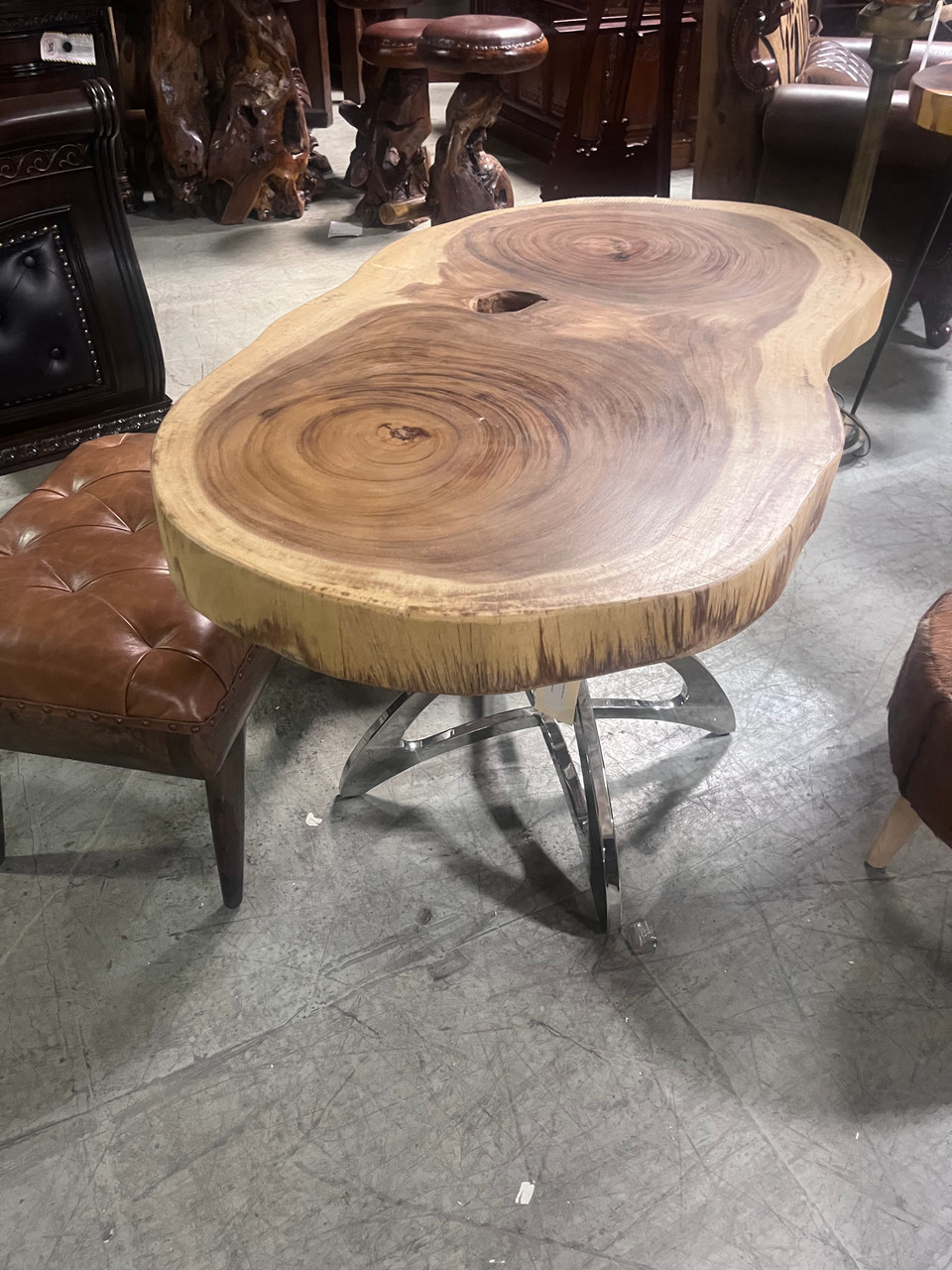 Live Edge Natural Suar Top on Stainless Steel Base