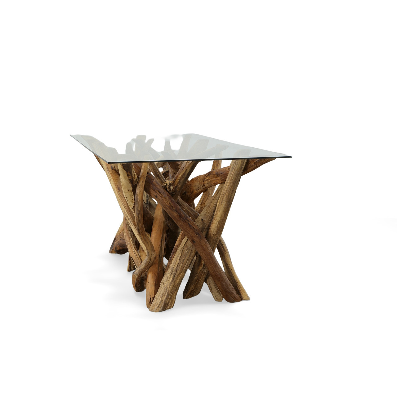 Natural Teak Root Branch Dining Table with Glass Close Up Image
