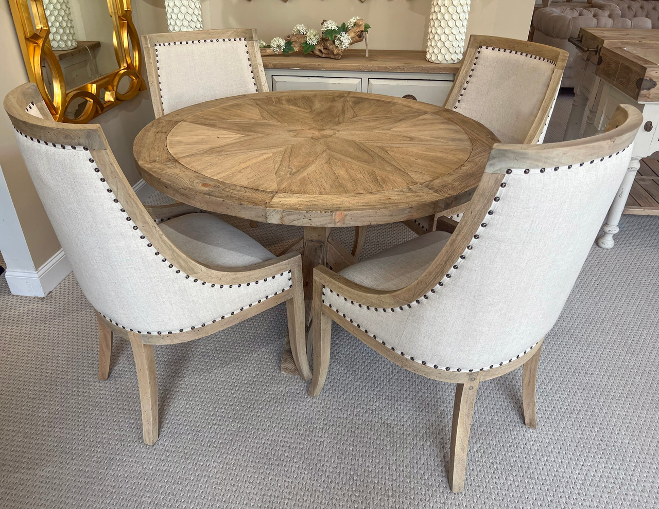Farmhouse Barrel 60' Round Dining Table Set of 5 Room Scene