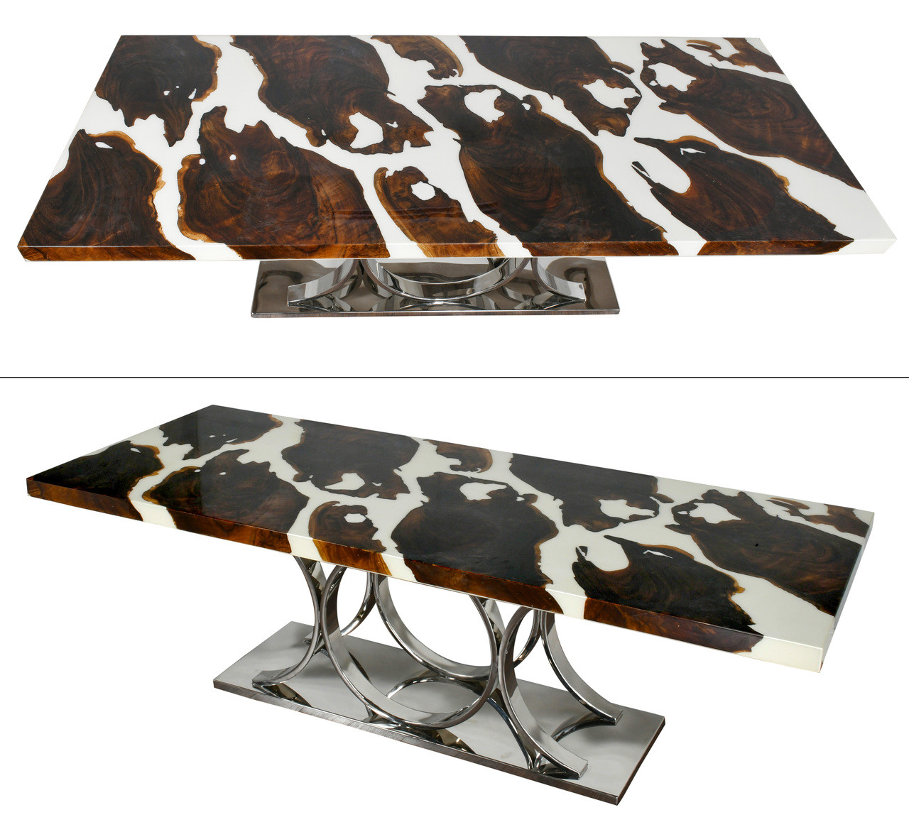 Artistic Teak Floating Table with Stainless base Close Up Image
