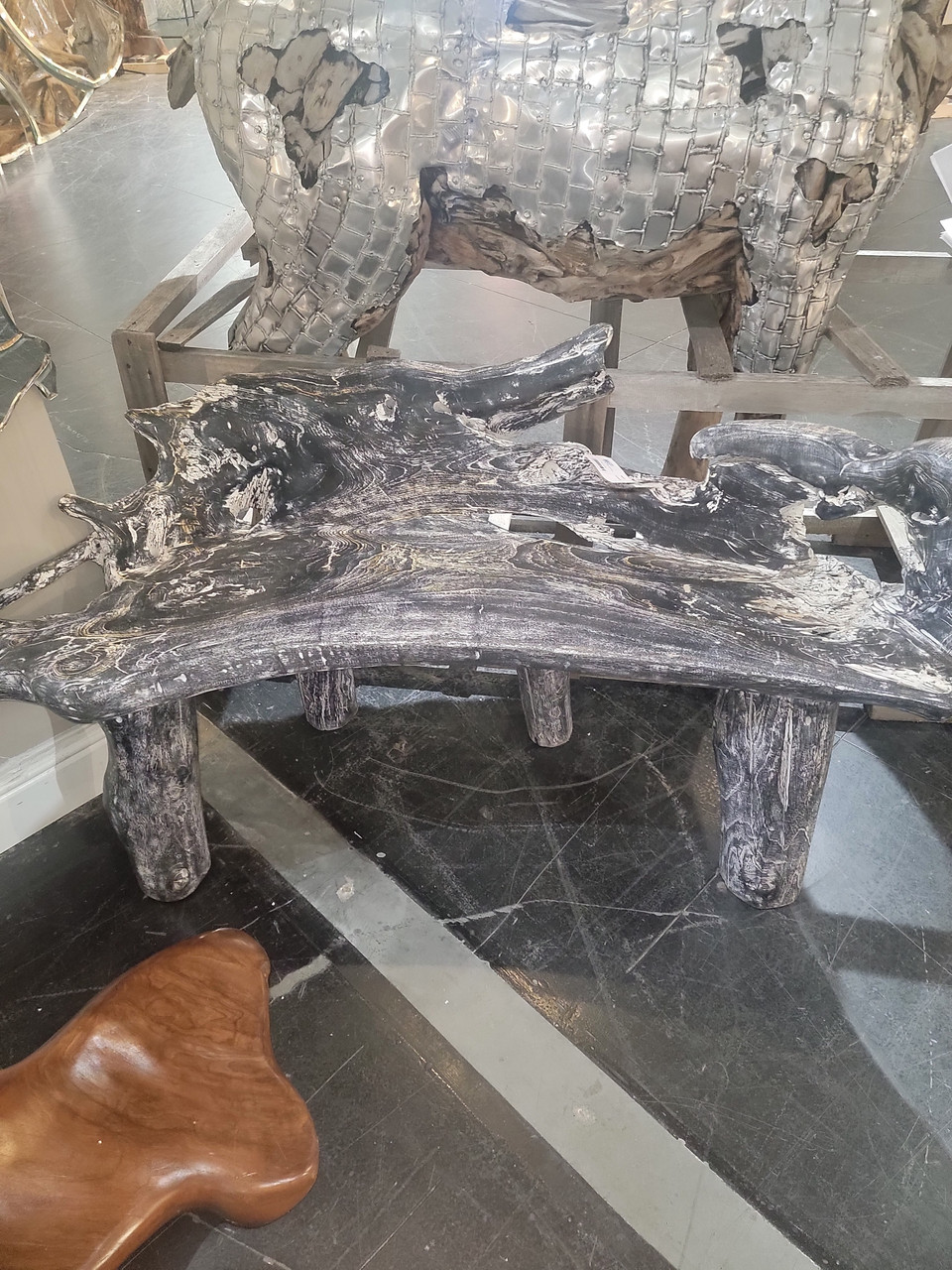 Teak Root Black Wash Bench 64 inches