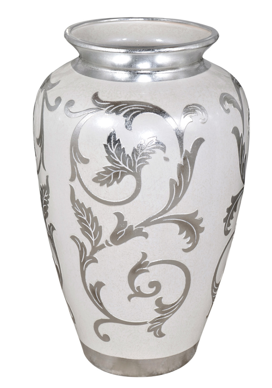 18"H White and Silver Decorative Handcrafted Vase Urn Bowl