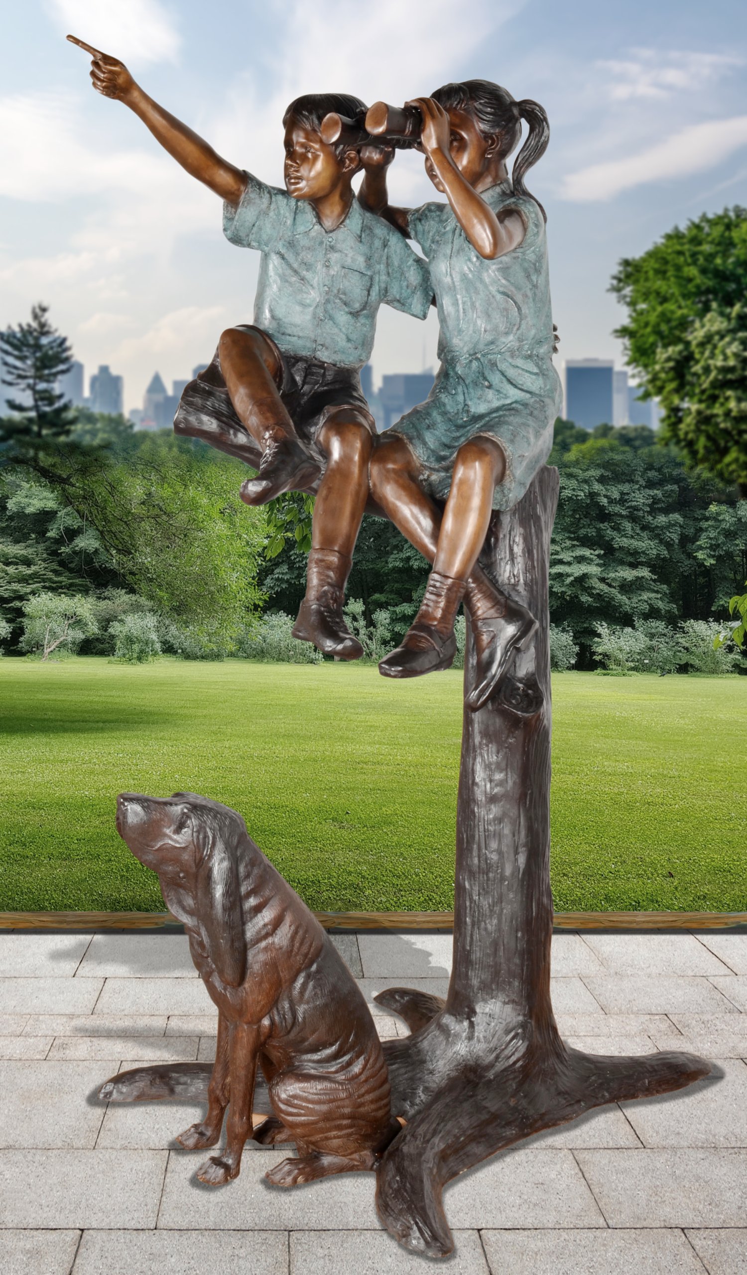 Two Children with Binoculars and Dog 74 Inches Tall