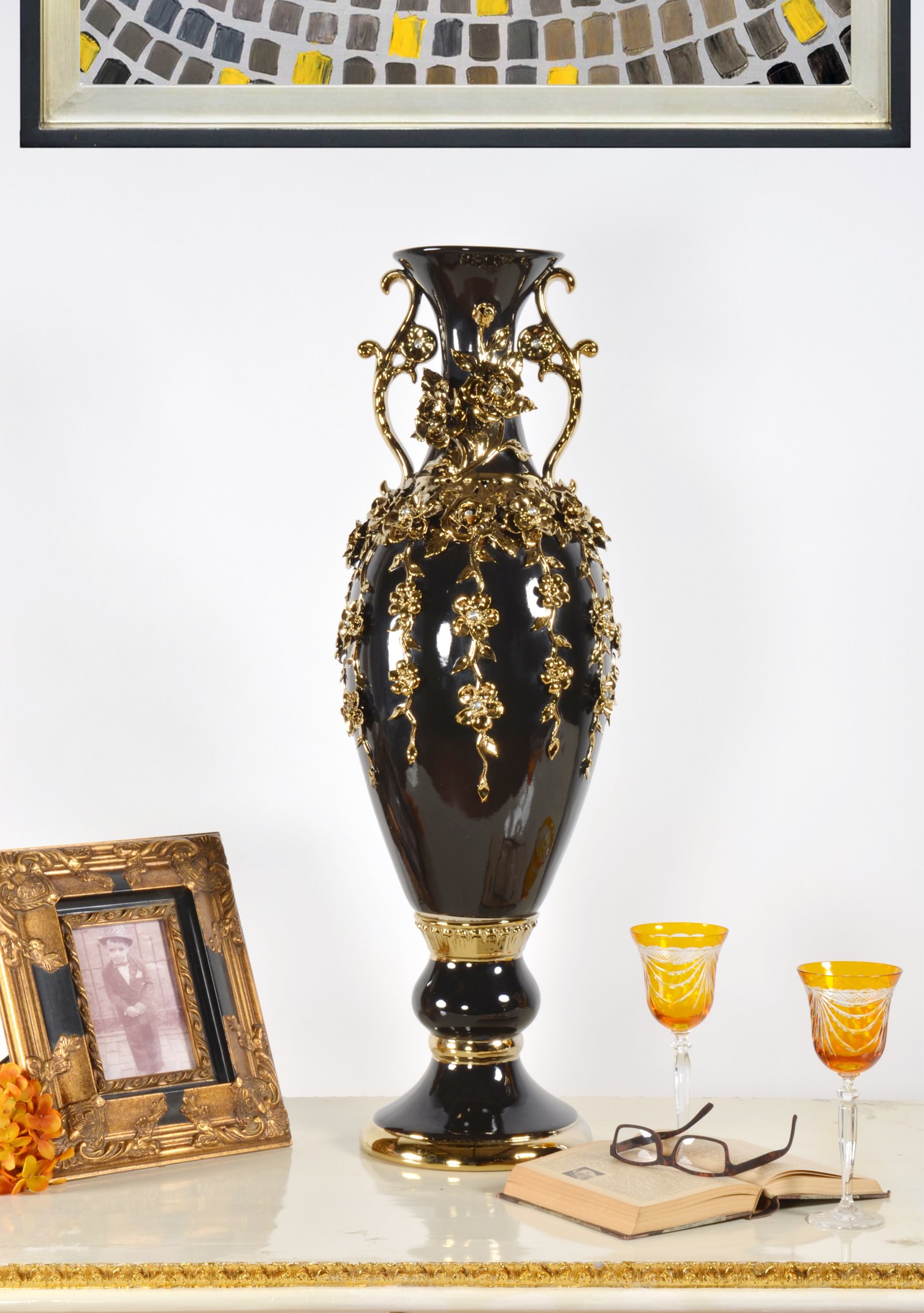 Black and Gold Floret Jeweled Stunning Vase 35 Inches Tall - Image 2