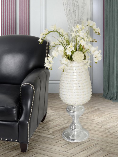 33"H White Pearlescent Jeweled Decorative Handcrafted Vase Urn Bowl Painter