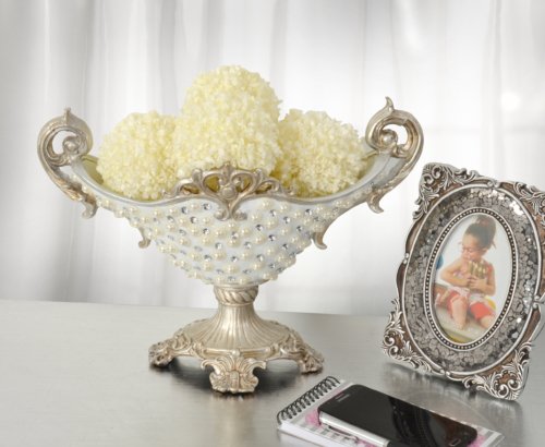 13"H White and Silver Pearl Decorative Handcrafted Vase Urn Bowl