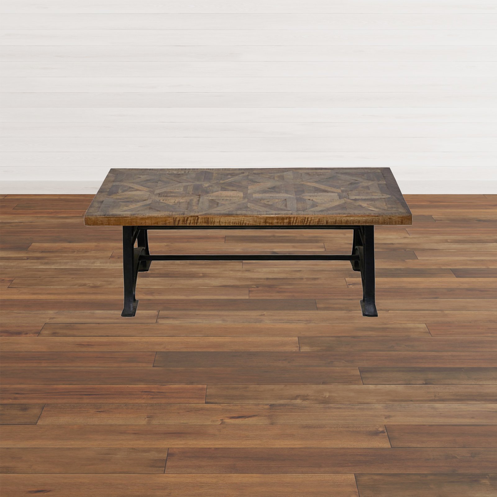 Wood and Industrial Iron Mango Parquet Coffee Table 54 Inch - Image 2