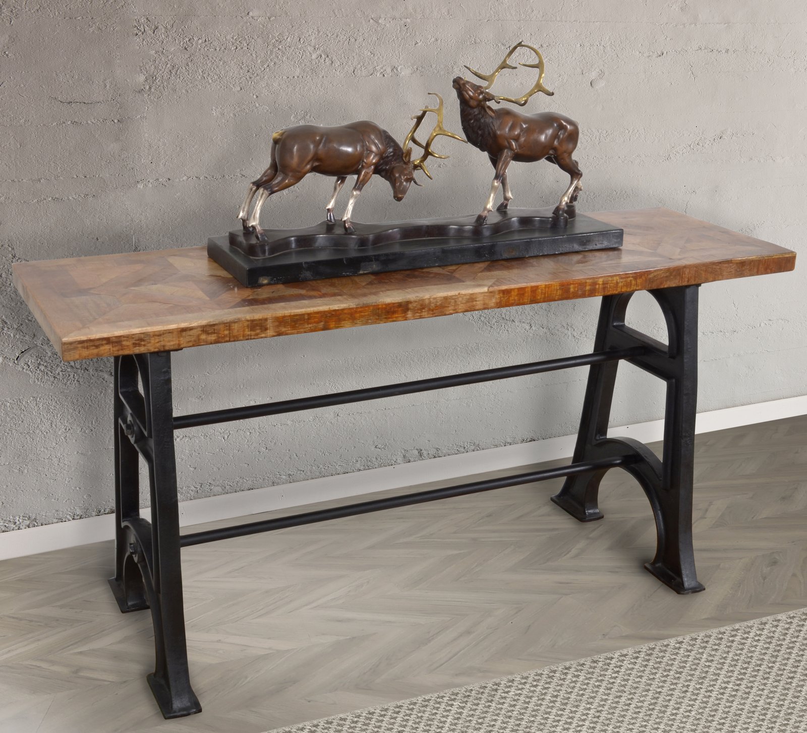 Wood and Industrial Iron Mango Parquet Console Table 60 Inch
