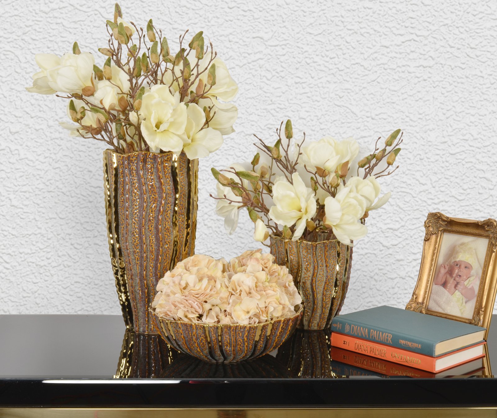 Pair of Carmel Gold Vases and Bowl Set of 3