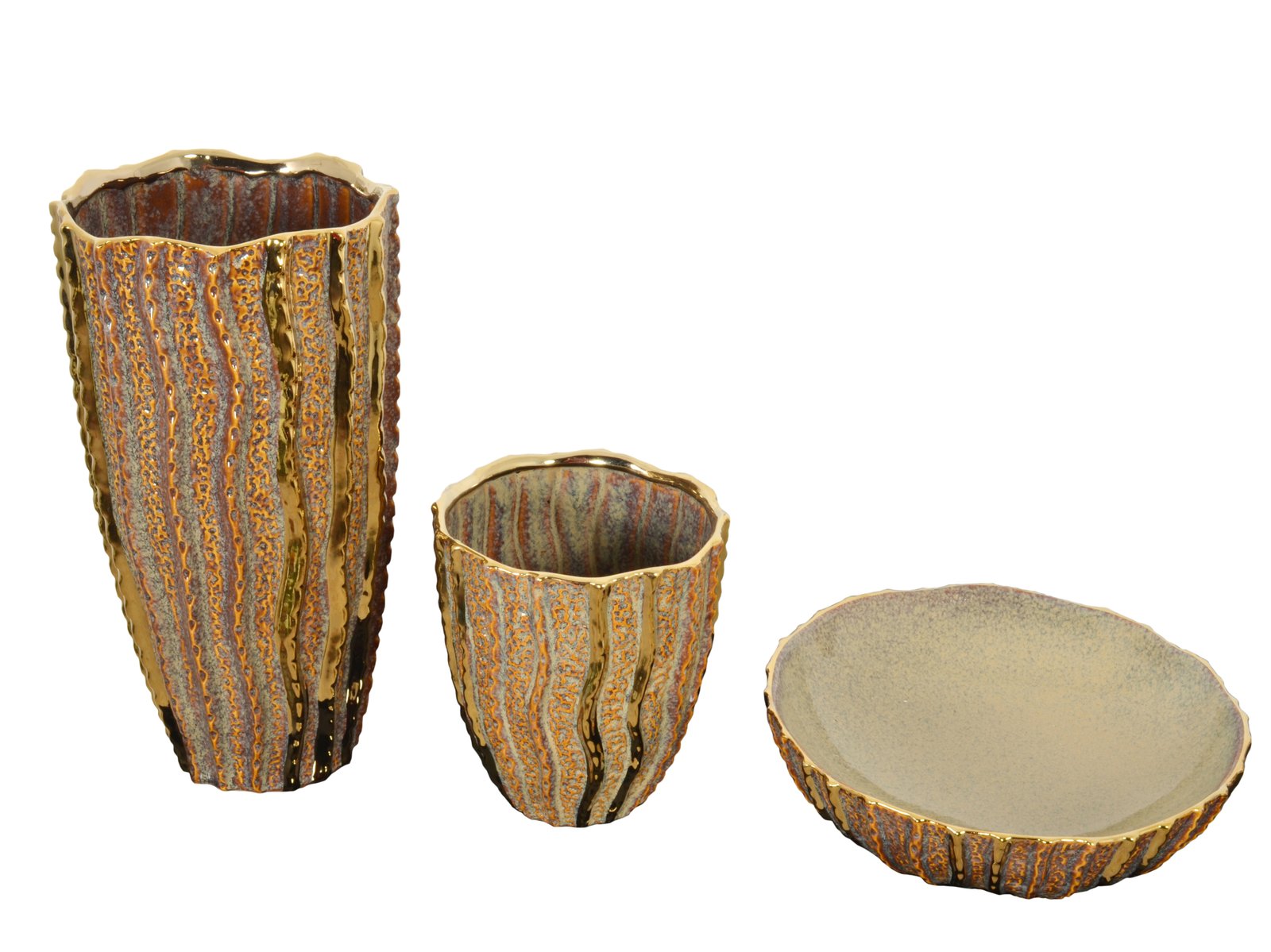 Pair of Carmel Gold Vases and Bowl Set of 3 - Image 3