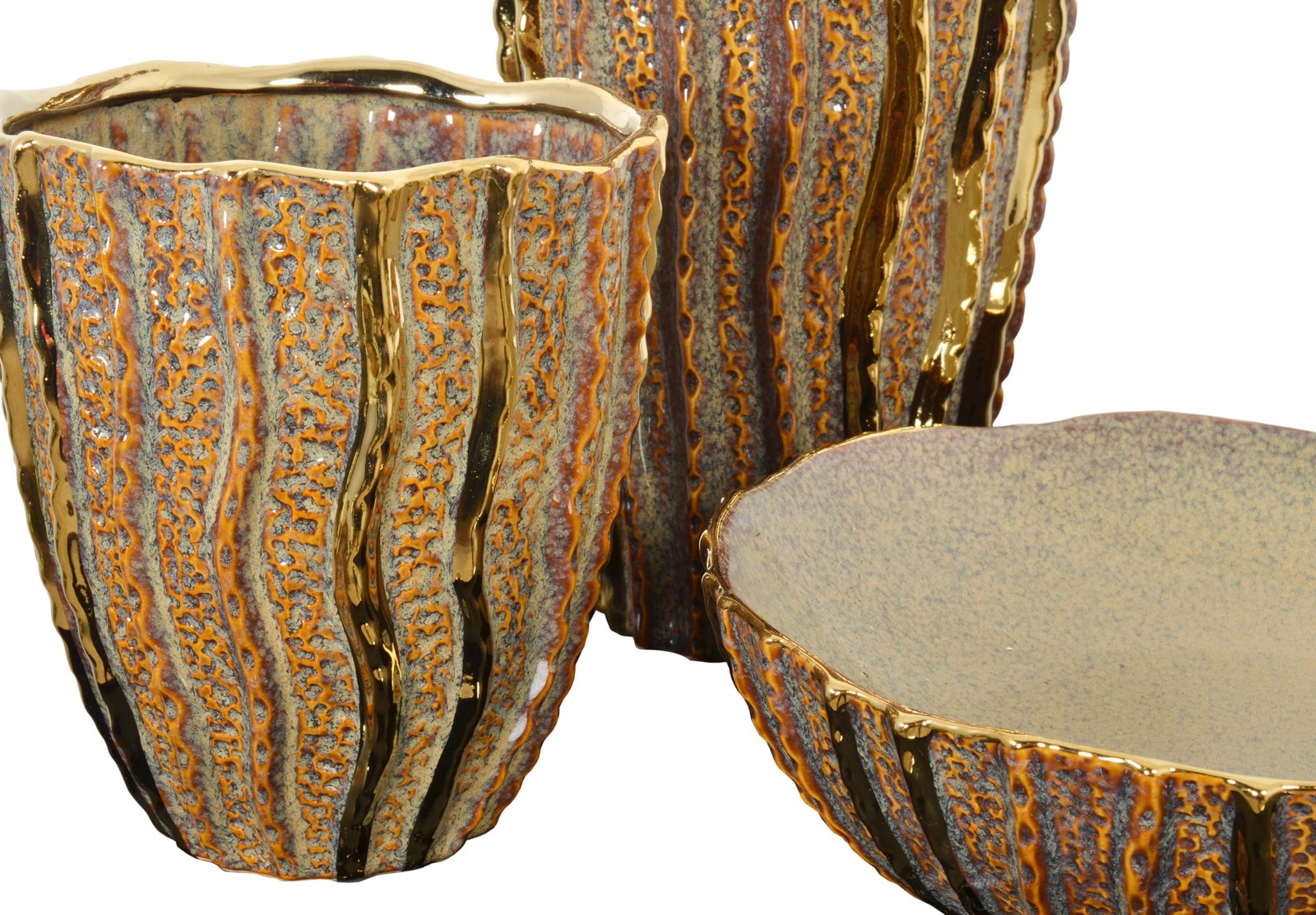 Pair of Carmel Gold Vases and Bowl Set of 3 - Image 4