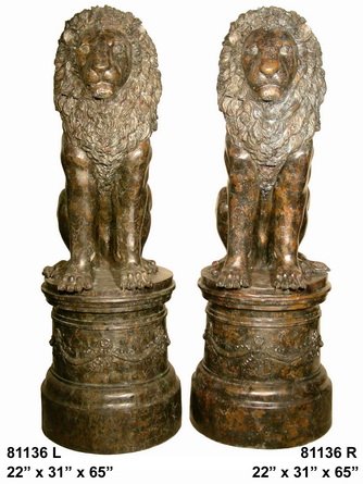 Pair Bronze Lions on Base