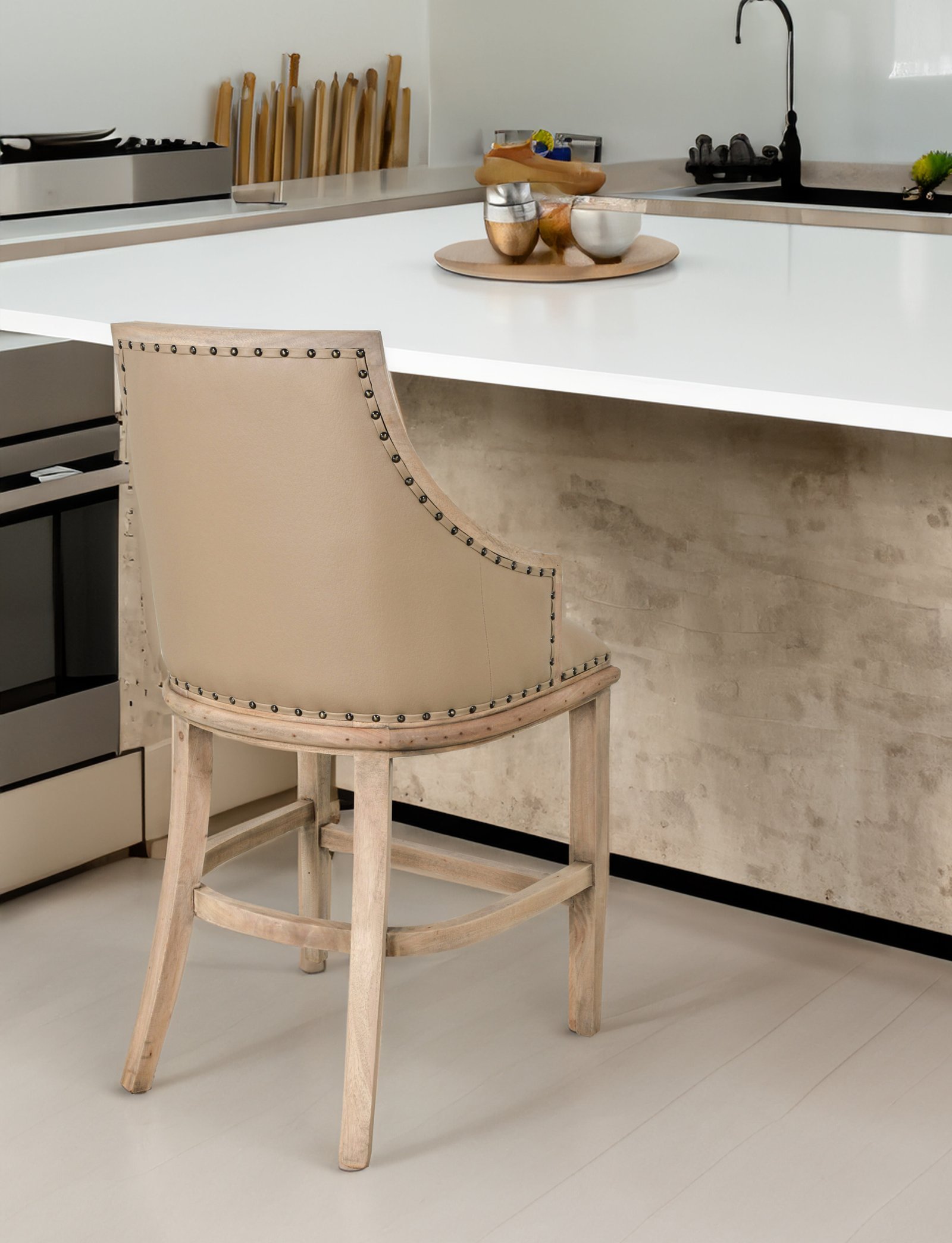 Farmhouse Curved Back Stool with Faux Leather - Image 2