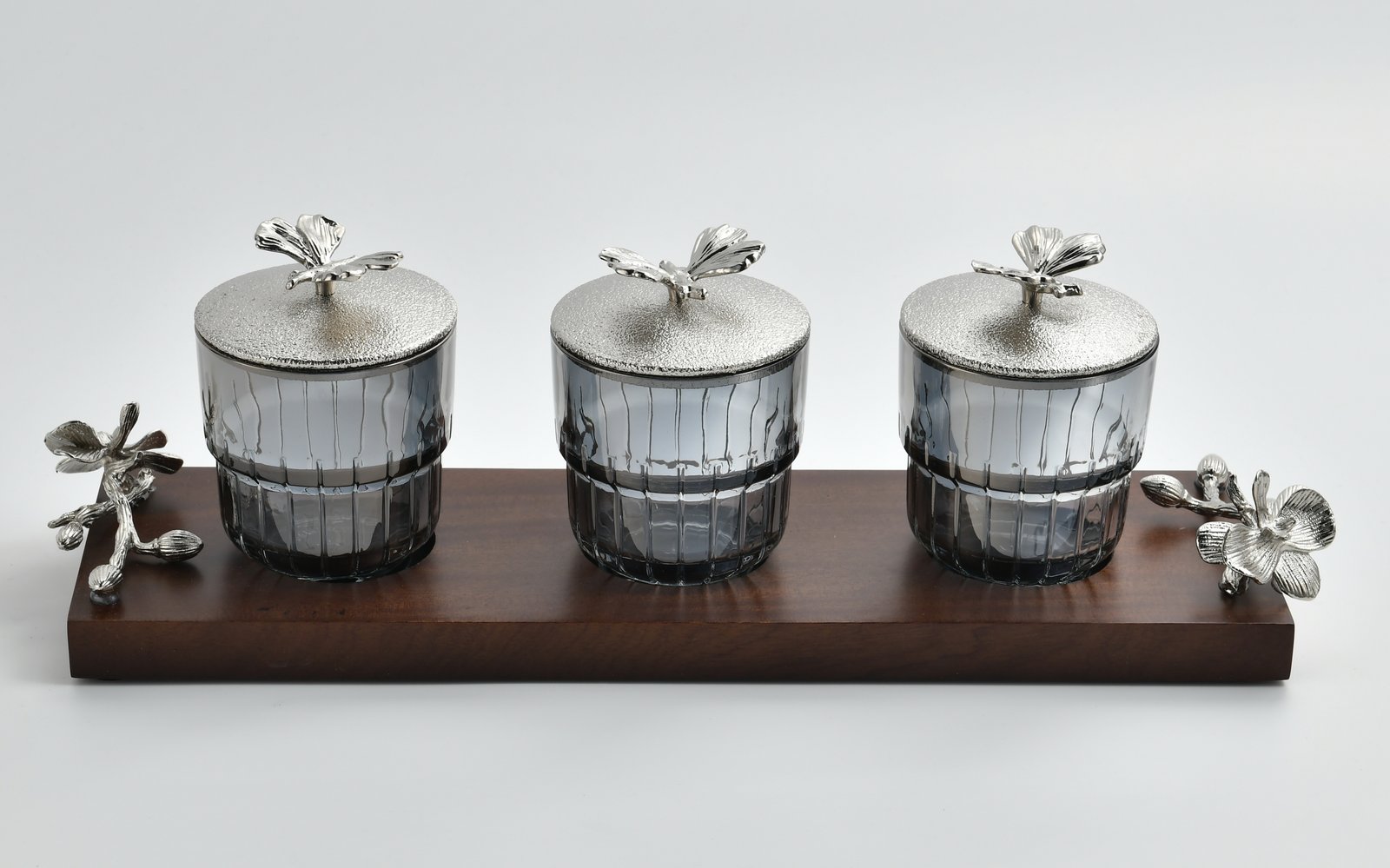 Silver Monarch Butterfly Jar Set on Wood Tray - Image 2